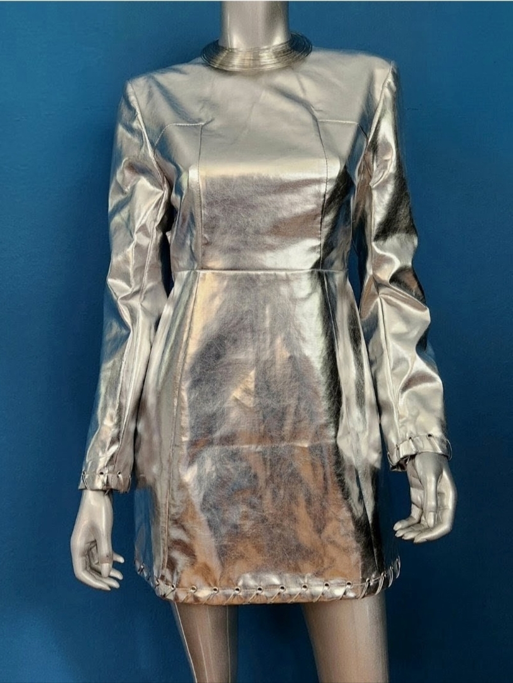 🌠 AMYLYNN 60'S Style Faux Leather Silver Metallic Mini Dress w/ Open Back (NWT)